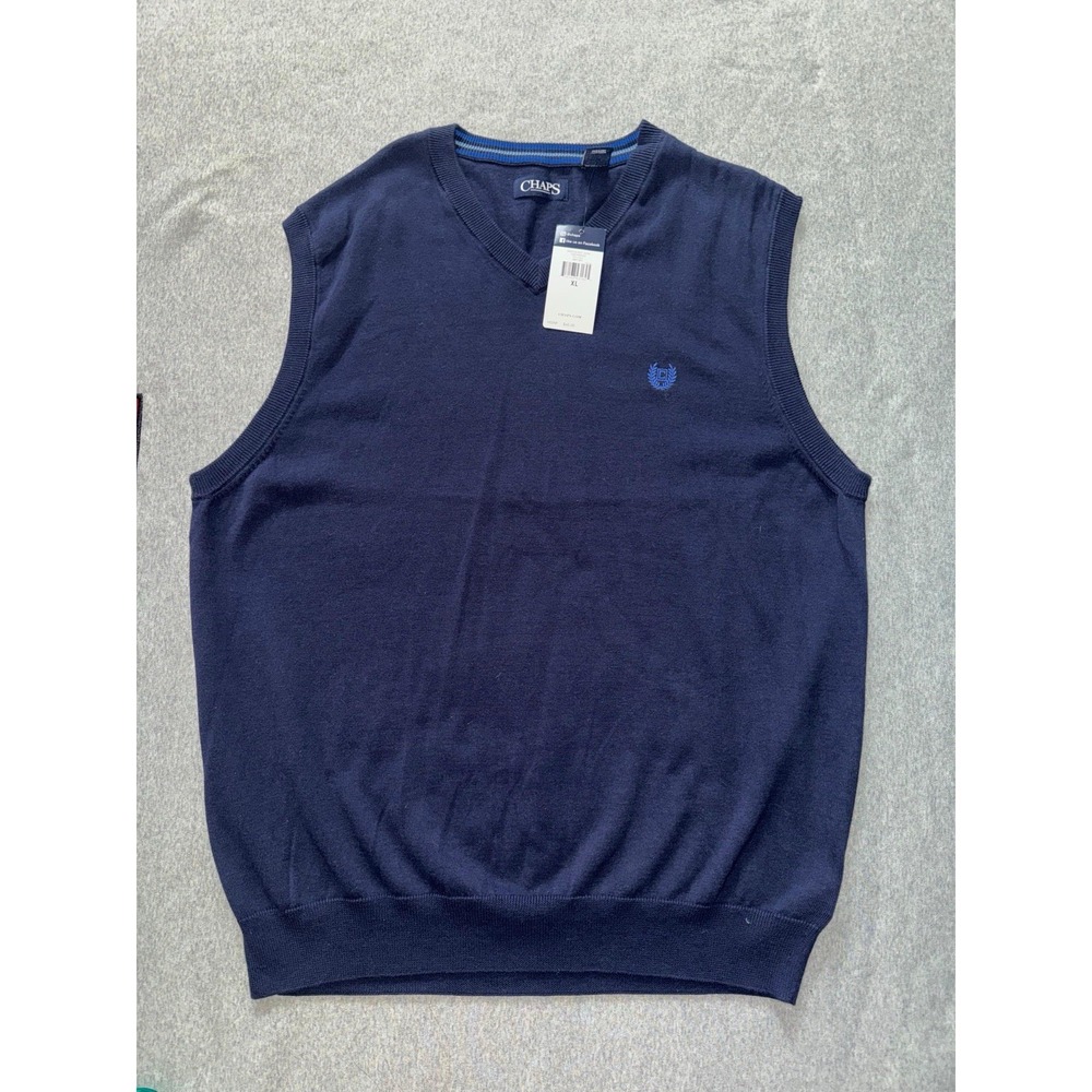 Chaps Men's Sweater Vest Navy Blue Logo‎ Outdoor Pullover Knit Size XL NWT